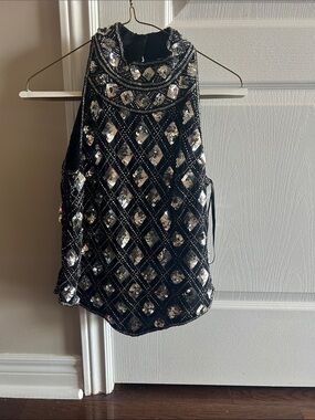 Papell Boutique Black/Silver Silk Sequined/Beaded Top - M- Excellent Cond
